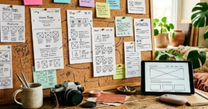 A creative workspace shows paper website mockups, sticky notes, and design tools scattered on a textured tabletop.