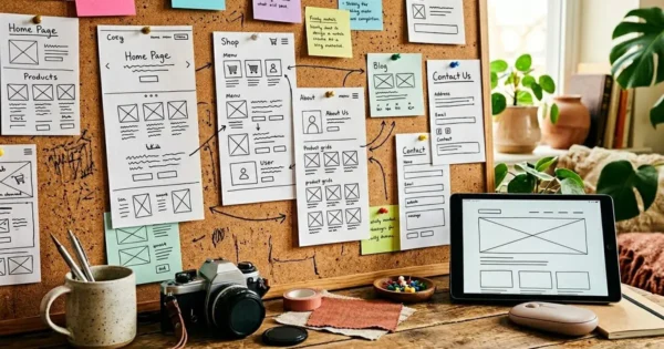 A creative workspace shows paper website mockups, sticky notes, and design tools scattered on a textured tabletop.