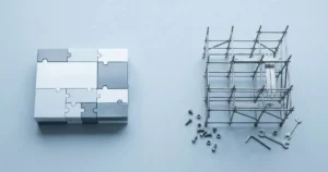 A minimalist scene contrasts a sleek modular website block with an unfinished metal framework on a pale blue-gray surface.